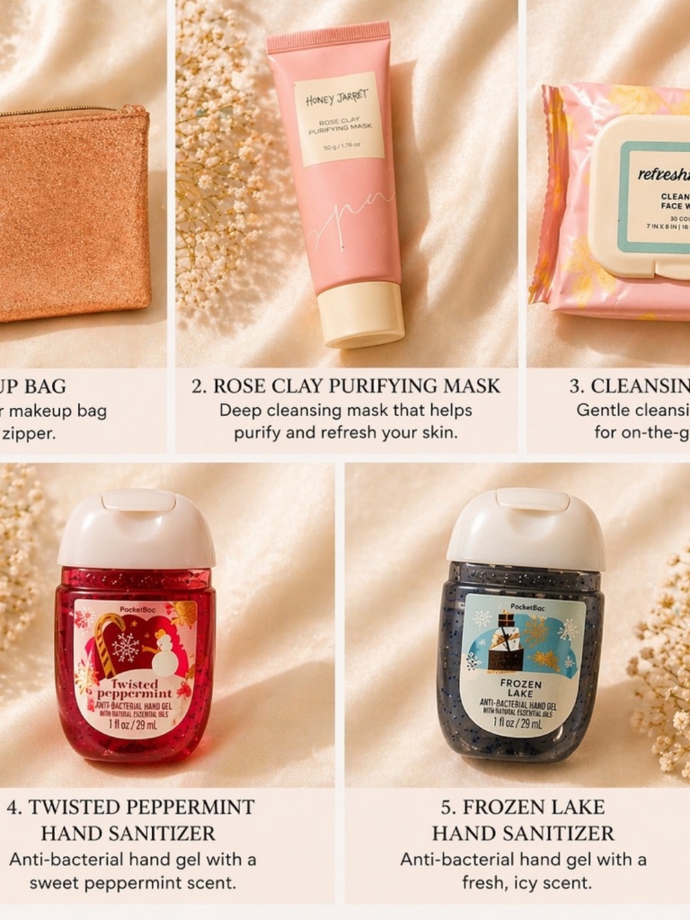 Rose Gold Makeup Bag Self Care Bundle | Mask Wipes Sanitizer Gift Set $27 value - Picture 2 of 2